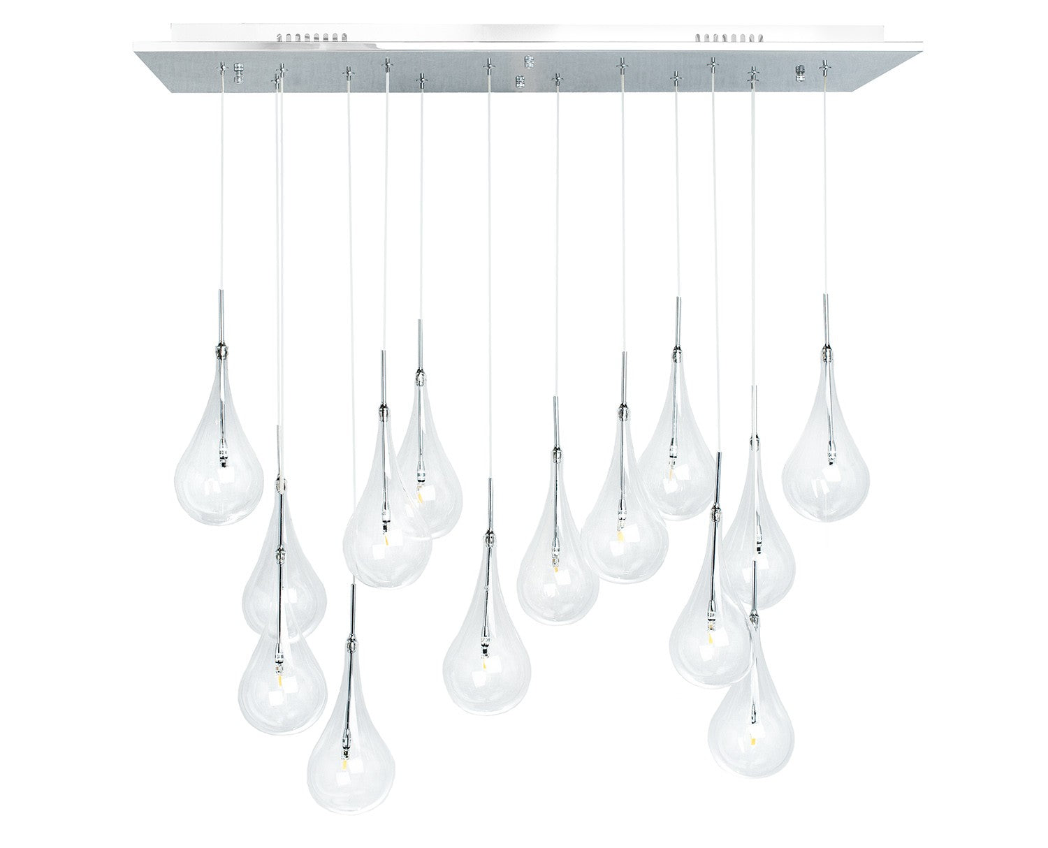 Modern Glass Drops Chandelier // 14 Lights // Rectangular Chrome Canopy