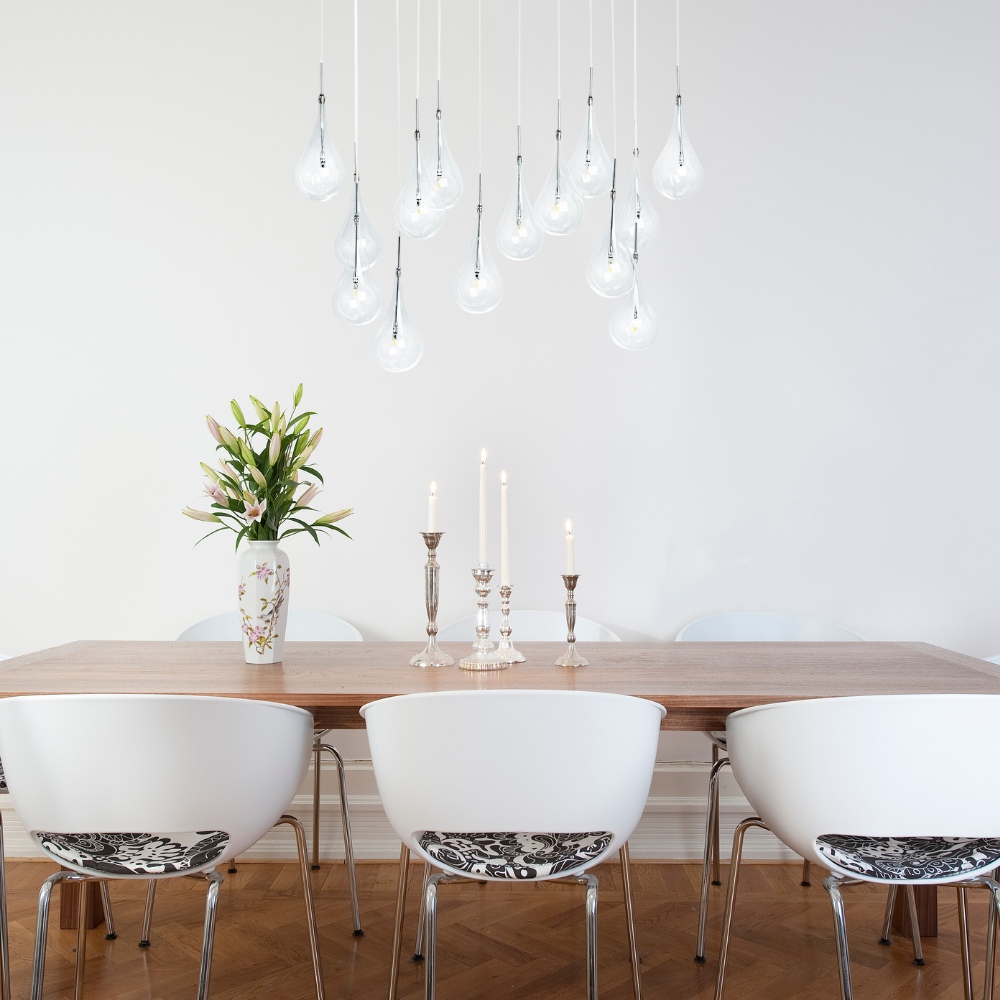 Modern Glass Drops Chandelier // 14 Lights // Rectangular Chrome Canopy